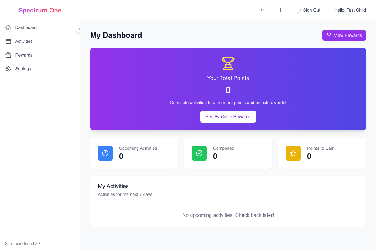 Child Dashboard - Desktop View
