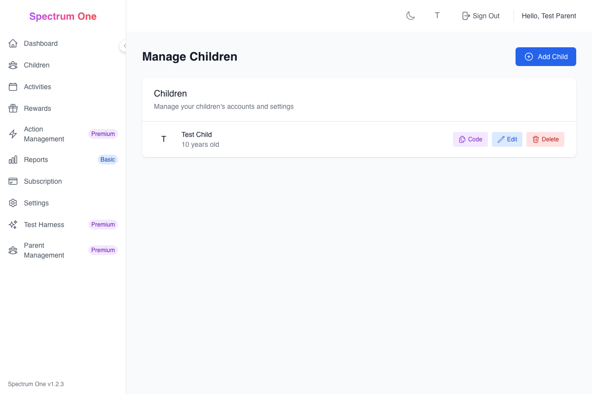 Child Management Screen