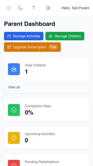 Parent Dashboard - Mobile View