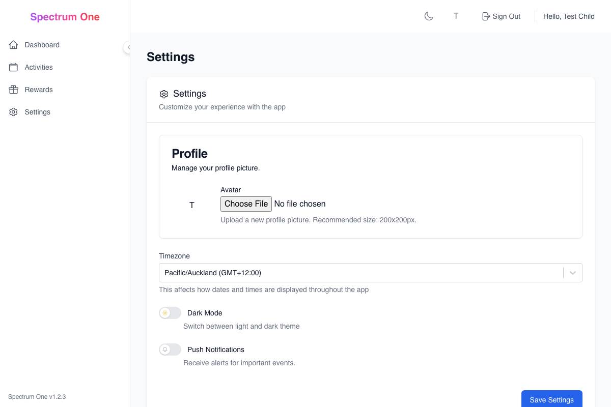 Settings Screen (Child View)