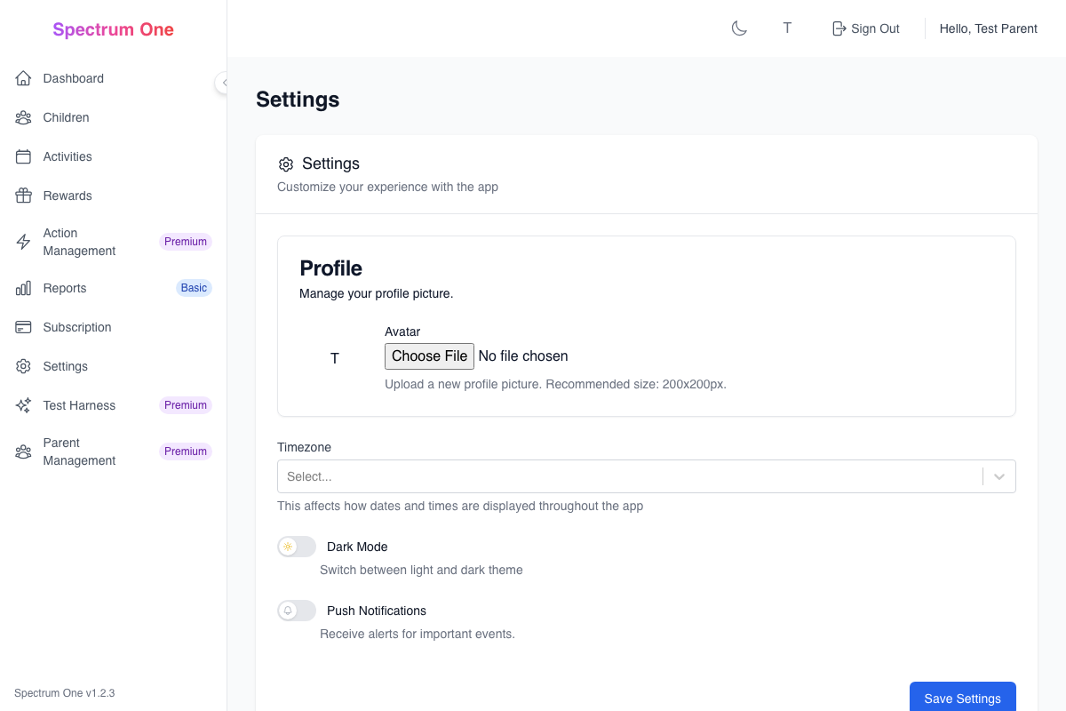 Settings Screen (Parent View)